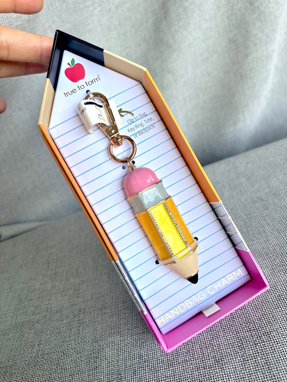True to form Novelty Pencil handbag key chain charm crystals pink yellow gray
